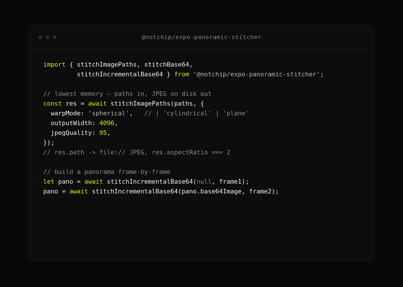 expo-panoramic-stitcher TypeScript API usage example