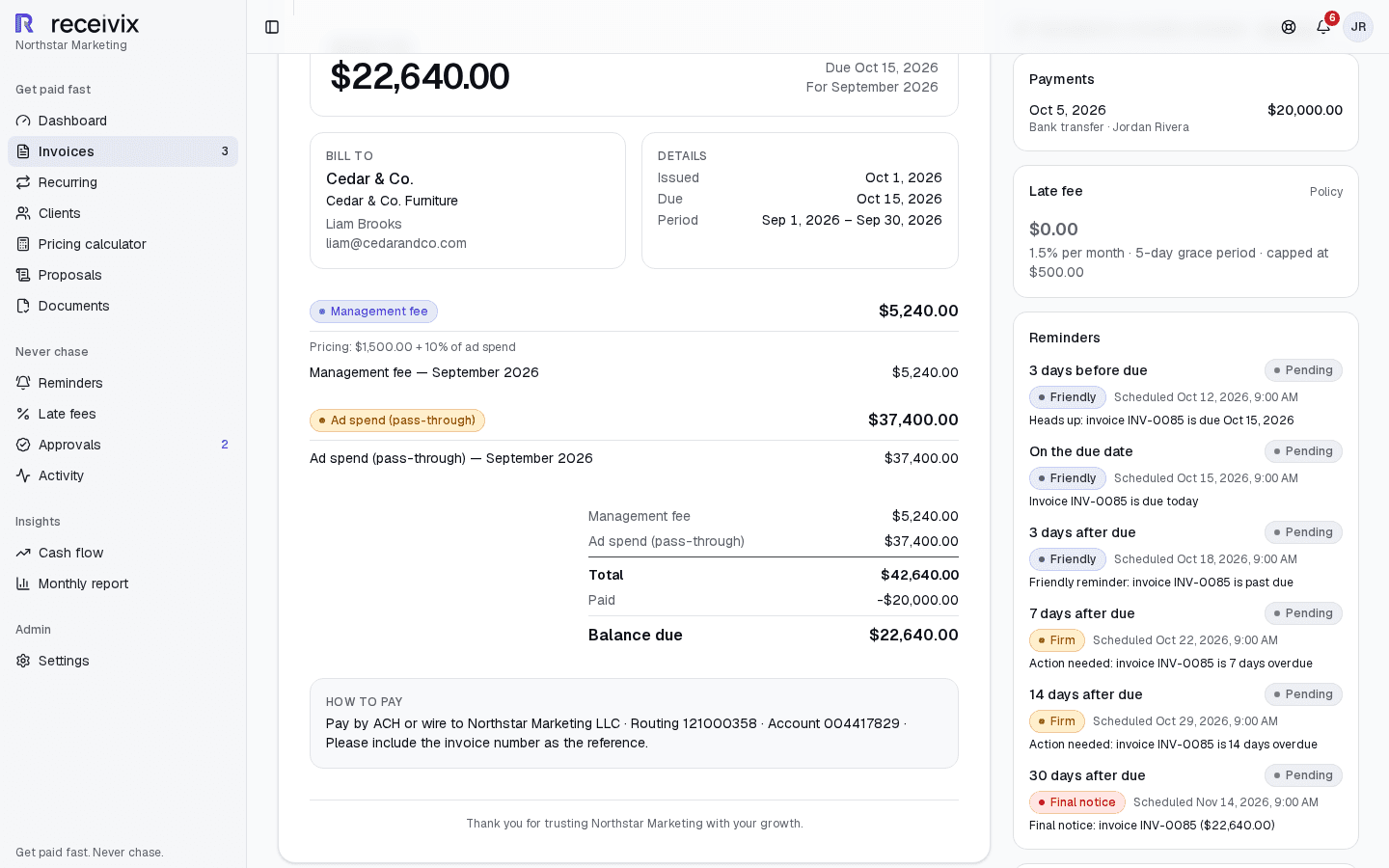 Receivix invoice with management fee and ad spend on separate lines
