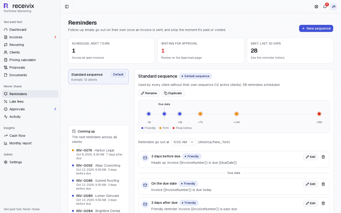 Receivix reminder sequence builder with escalating steps
