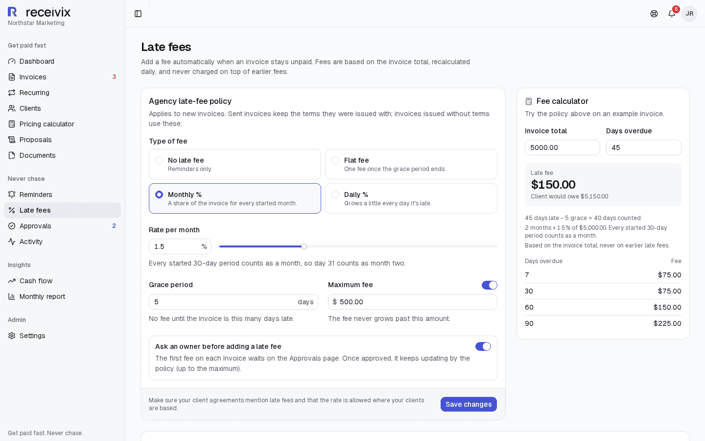 Receivix late-fee settings with a fee calculator and overdue list