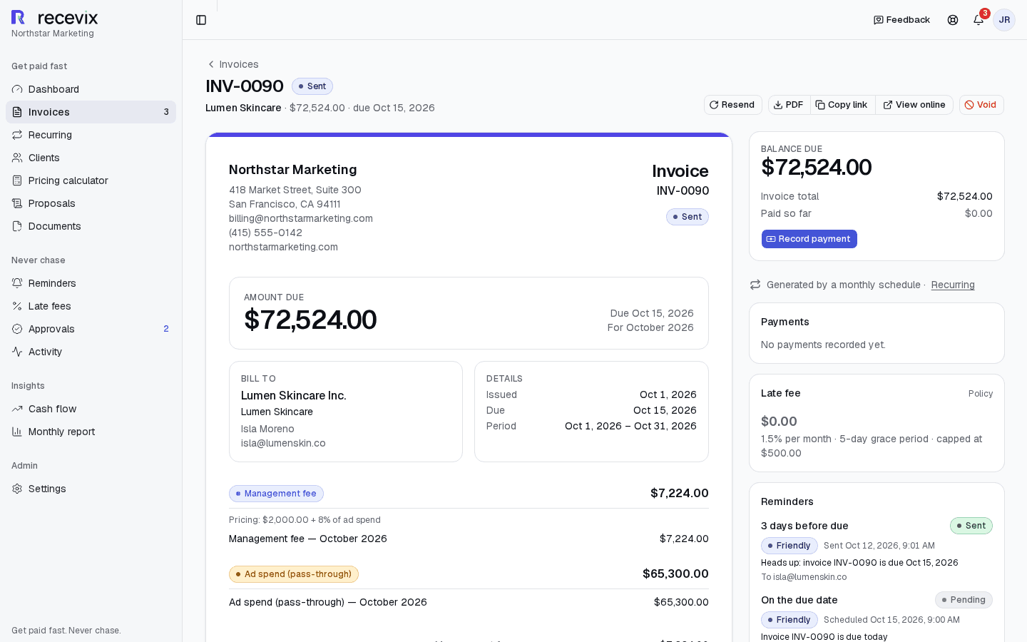 Recevix invoice with management fee and ad spend on separate lines