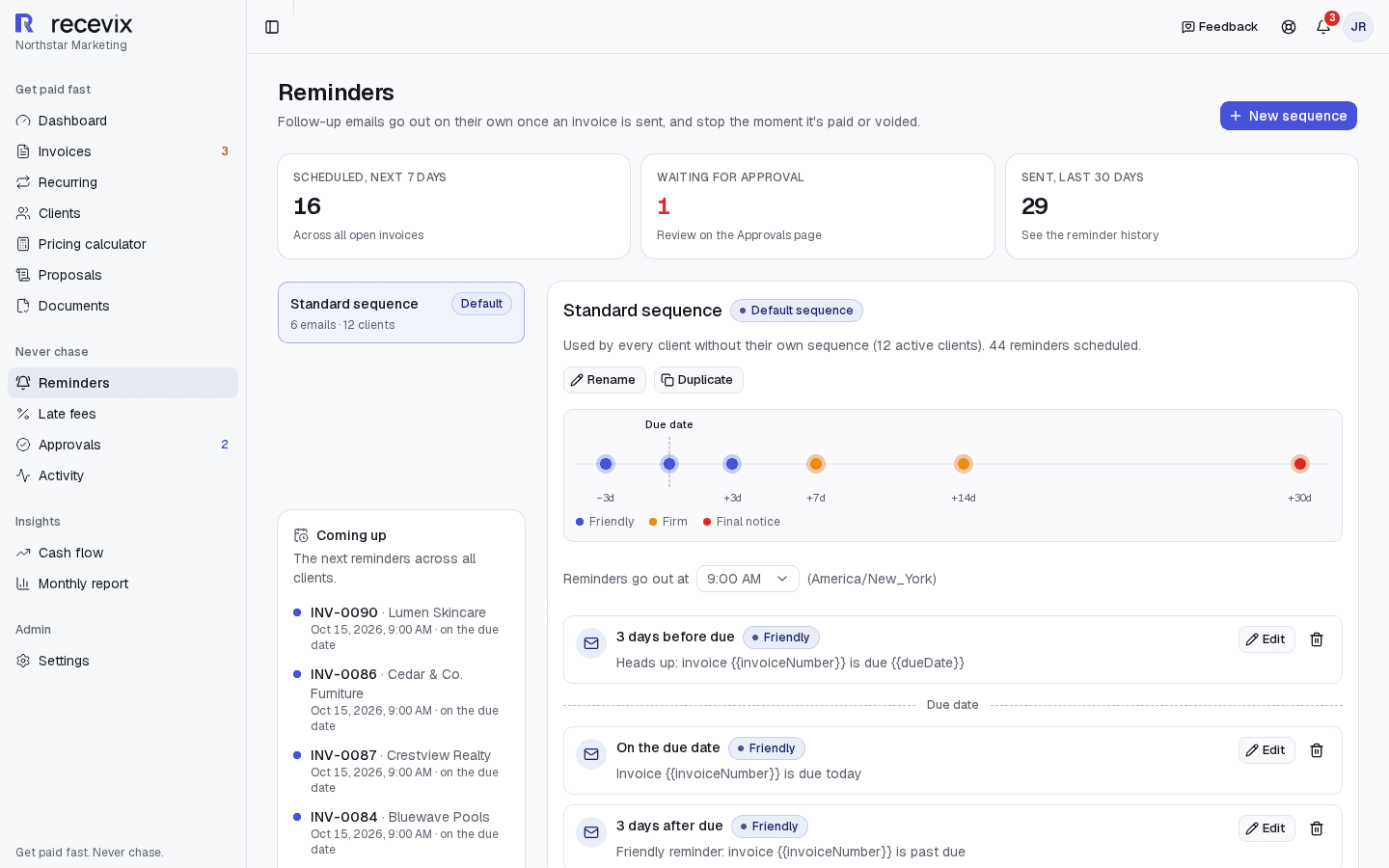 Recevix reminder sequence builder with escalating steps