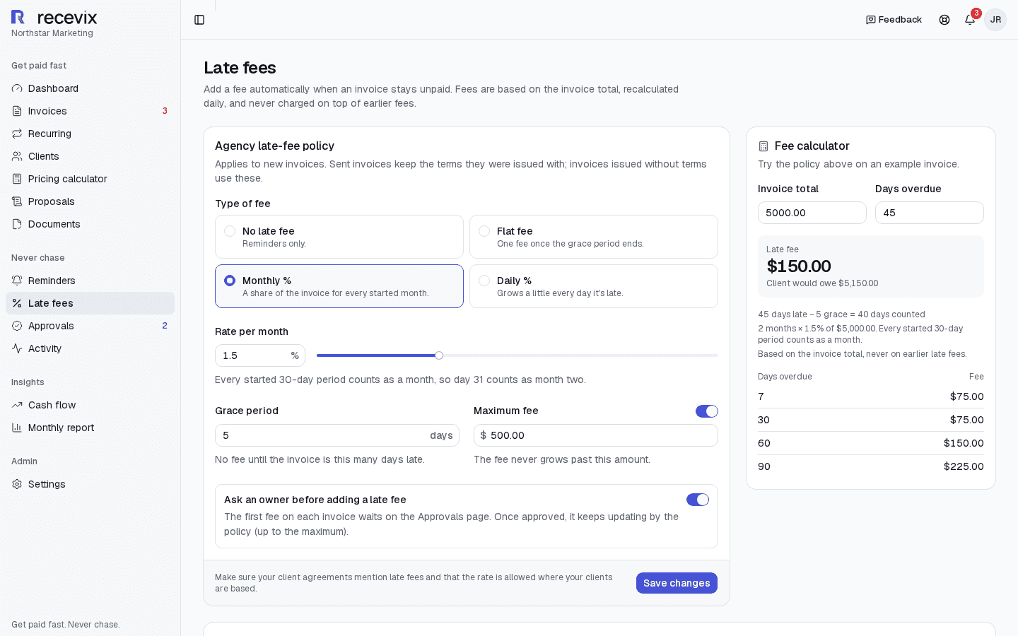 Recevix late-fee policy settings with a fee calculator